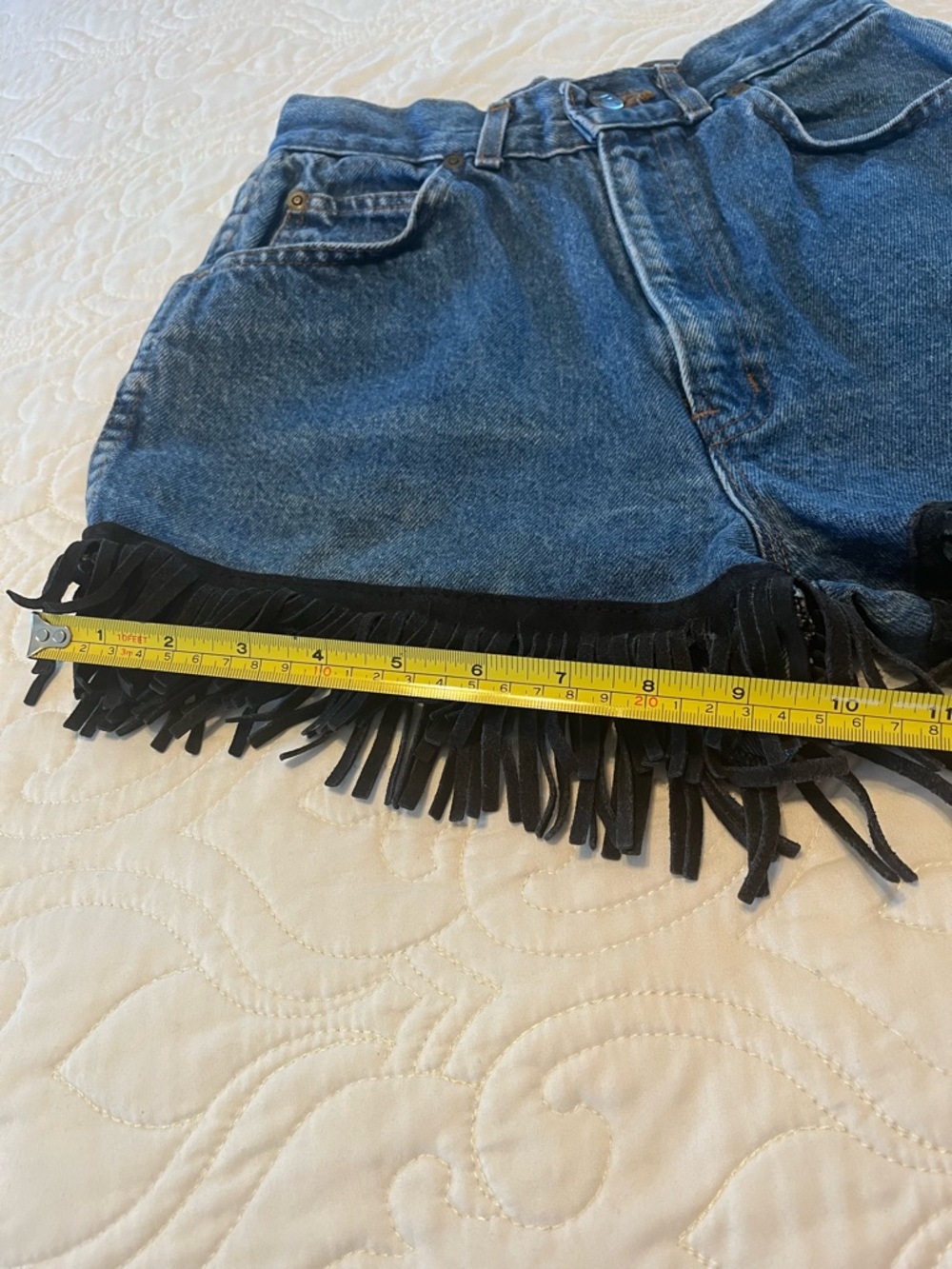 VINTAGE CHIC Boho Denim with Black Fringe High-Waist Shorts - Picture 11 of 11